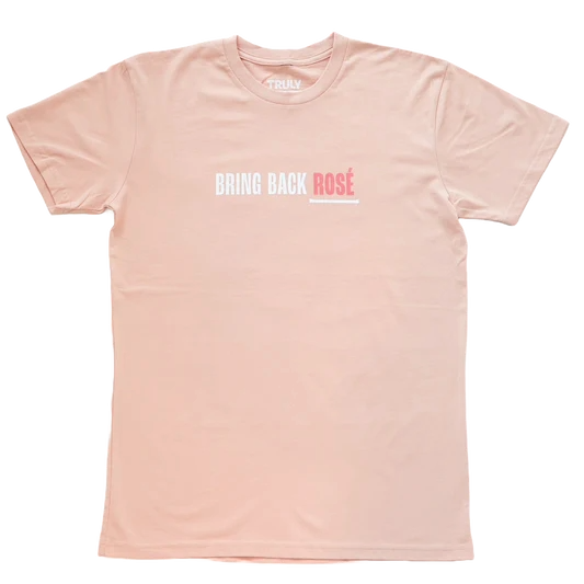 Front view of tee features writing "Bring Back Rosé". Bring back is written is white, and Rosé in pink and underlined.