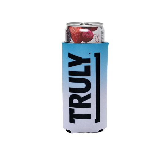 Blue and white ombre can cooler shown holding can, this side features Truly logo written in black.