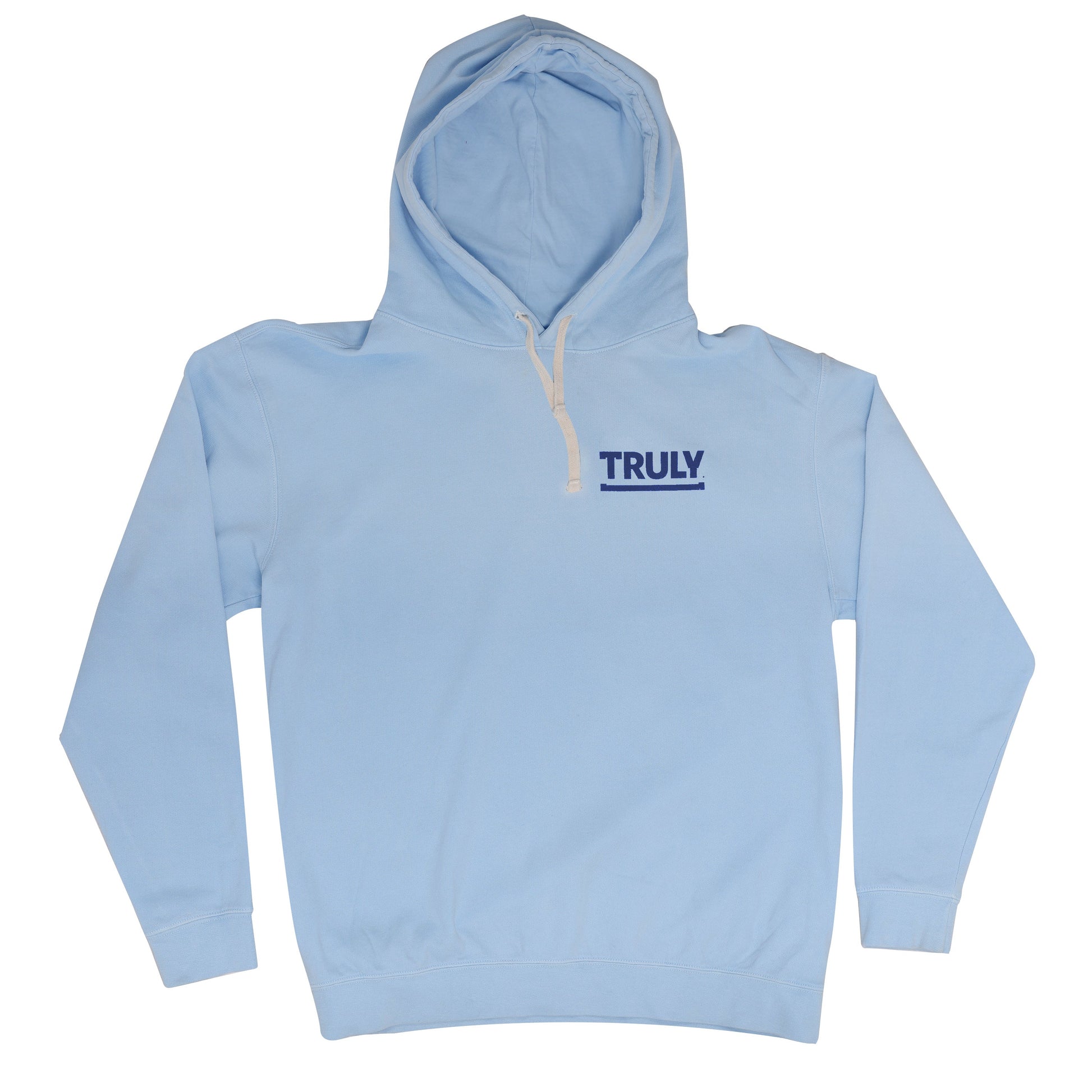 A light blue pullover hoodie with a matching drawstring hood and a small "TRULY" logo printed in dark blue with an underline on the left chest.