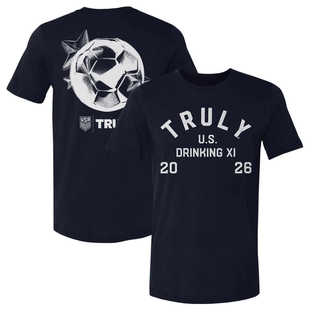 Black tee shirt with white text that reads "Truly U.S. Drinking XI 20 26 on the front, and has a large white printed soccer ball, 3d stars graphic on the back, and a U.S. Soccer and Truly logo