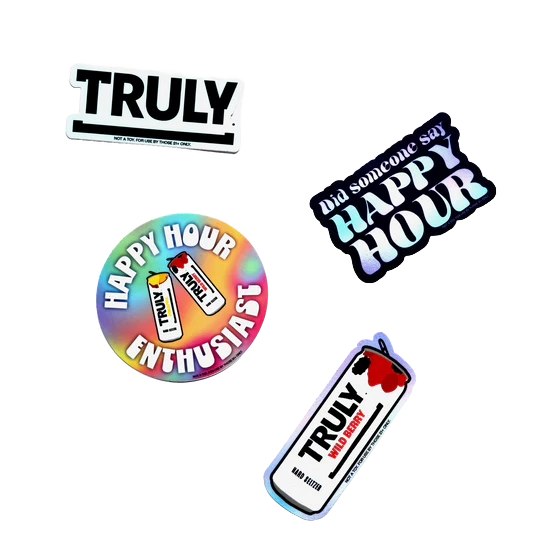 Four stickers including: a white sticker with the truly logo in black writing, a circle sticker with a rainbow ombre background and the writing "Happy Hour Enthusiast" with two Truly cans in the center, a wild berry truly can, and a black sticker with writing "Did someone say Happy Hour" filled in with hues of blue and purple.