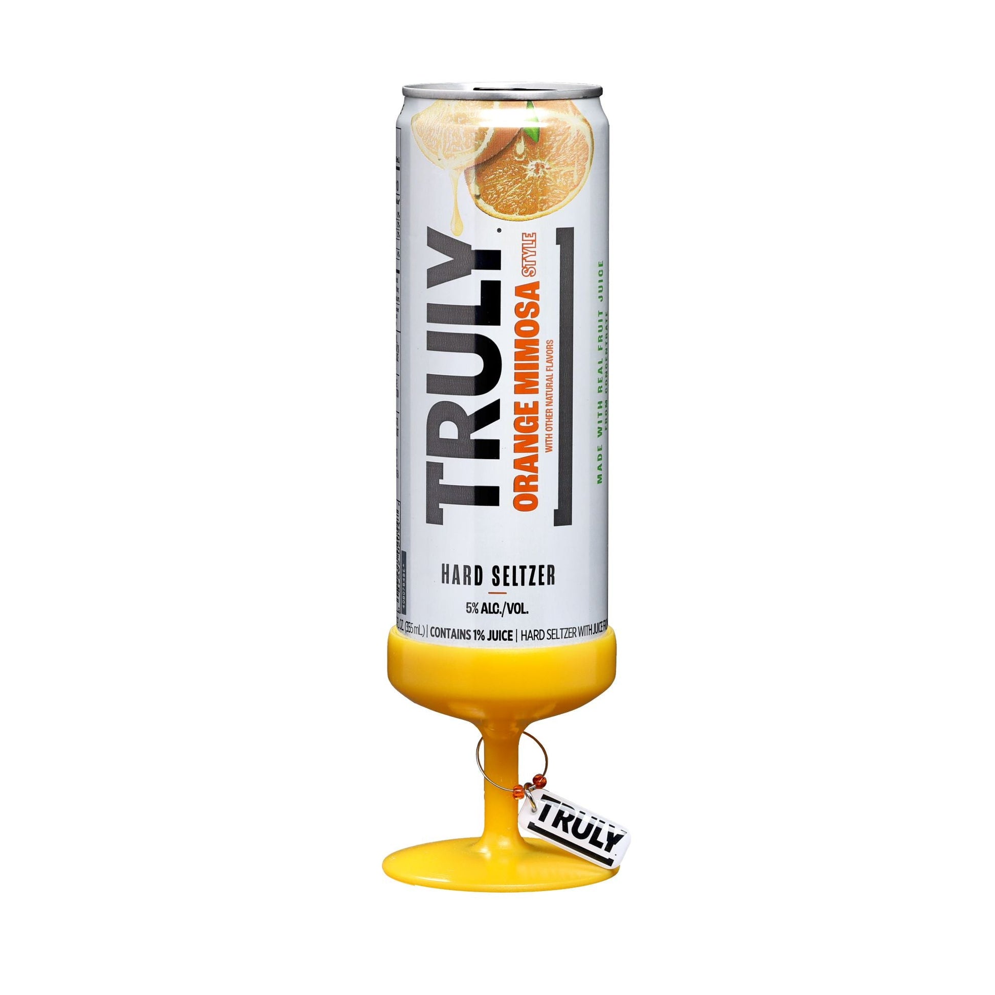 A tall, slim can of Truly Hard Seltzer Orange Mimosa, with a yellow base shaped like the bottom of a stemmed glass and a "TRULY" tag hanging from it, on a white background.