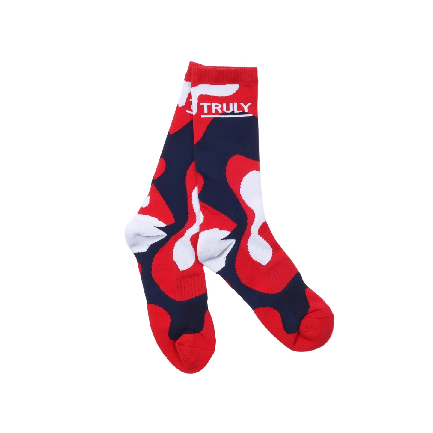 pair of patterned tube socks with red, white and blue color tones. TRULY text towards top edge
