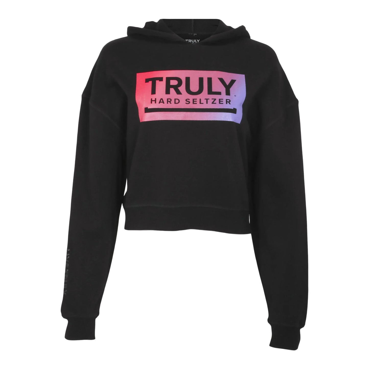 A black cropped hoodie with a gradient "TRULY HARD SELTZER" logo in pink, purple, and blue across the chest.