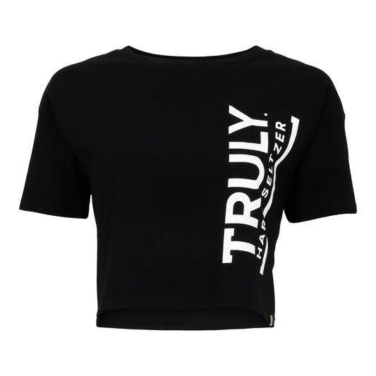 A black cropped t-shirt with "TRULY HARD SELTZER" printed vertically in white on the right side.
