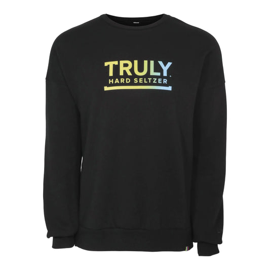 A black crewneck sweatshirt with a colorful gradient "TRULY HARD SELTZER" logo across the chest, fading from yellow to light blue.