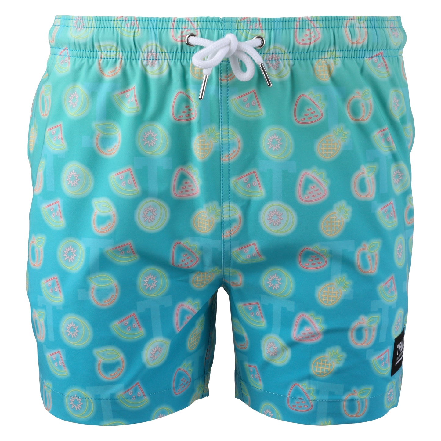 A pair of light blue swim trunks with a bright, repeating pattern of outlined fruits like watermelons, pineapples, and citrus slices. A small black tag with "TRULY" is visible on the right leg.