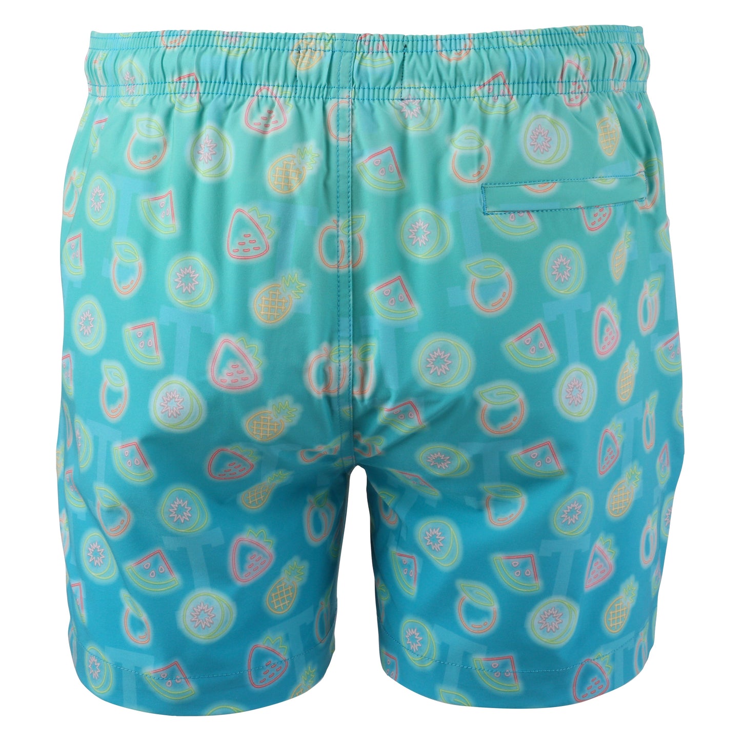 The back of a pair of light blue swim trunks with an elastic waistband and a subtle, repeating pattern of outlined neon-colored fruits. A small horizontal flap pocket is visible on the right side.