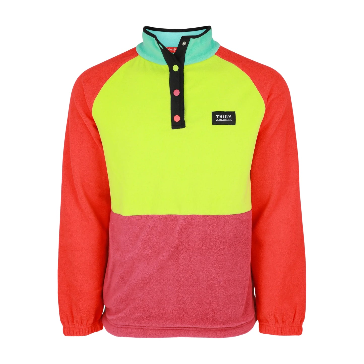 A color-block fleece pullover featuring a mint green upper panel, a neon yellow middle panel with a black snap placket, and a vibrant red bottom panel and sleeves. A small black patch with "TRULY" in white is on the upper right chest.
