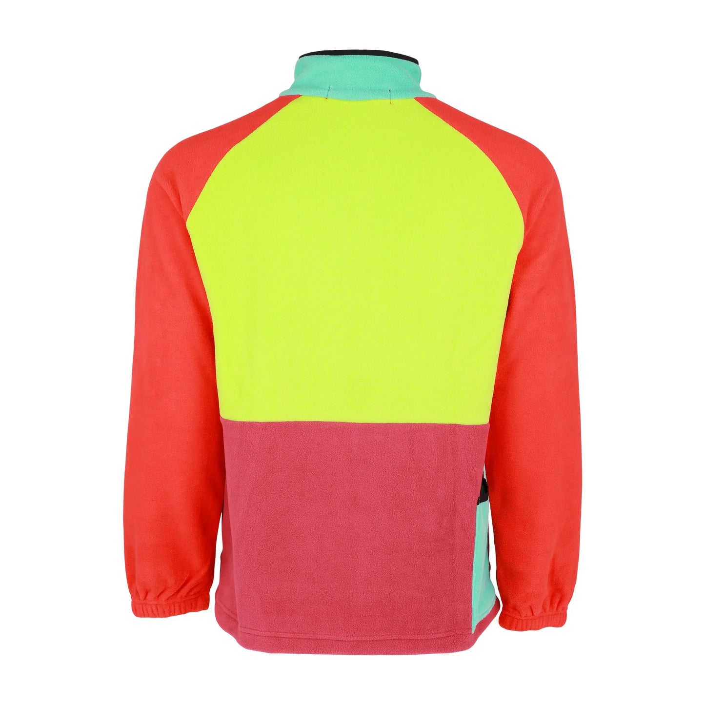 The back of a color-block fleece pullover, featuring a mint green upper panel, a neon yellow middle panel, and a vibrant red bottom panel and sleeves.