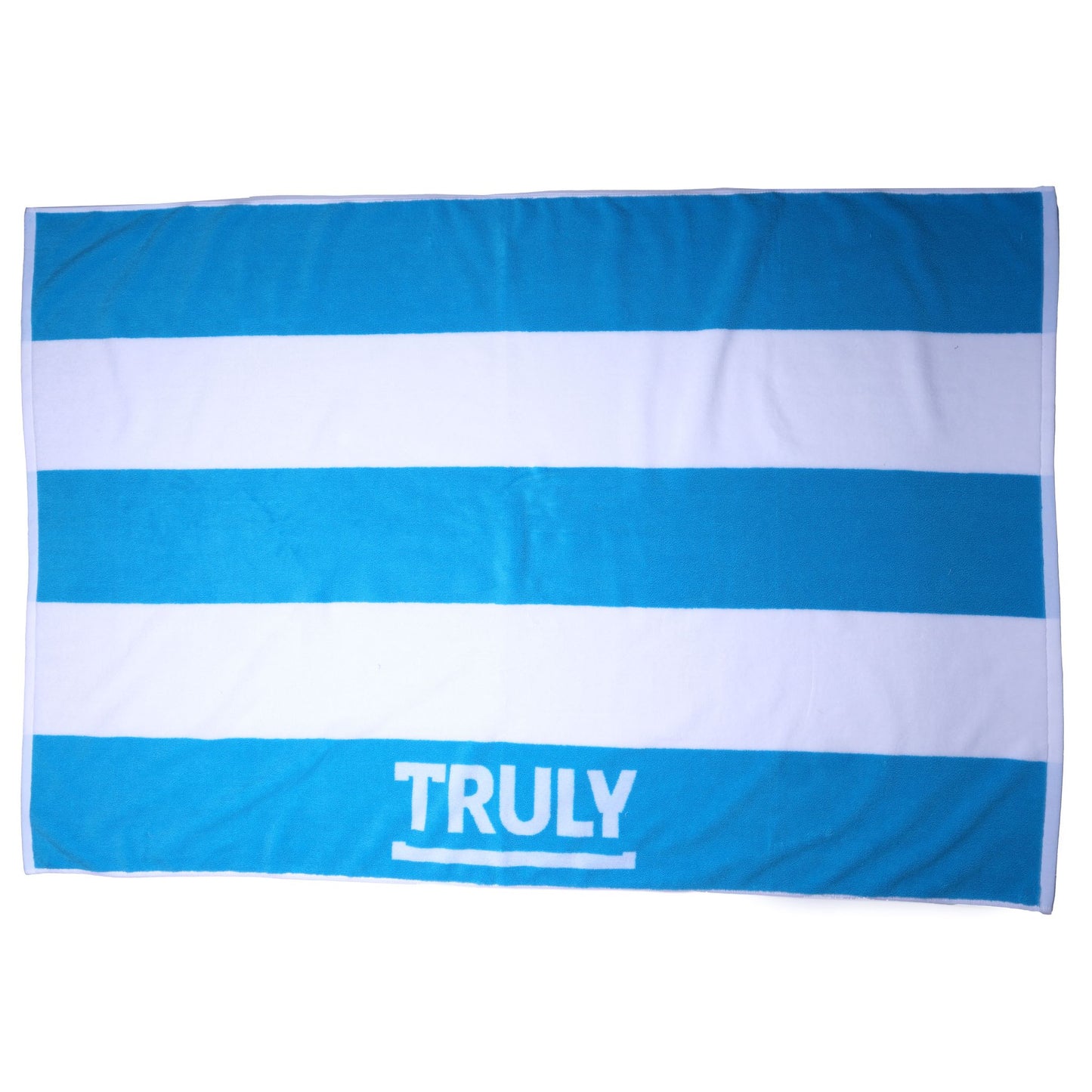 A blue and white striped towel with the word "TRULY" printed across the blue stripe laid flat on a white background.