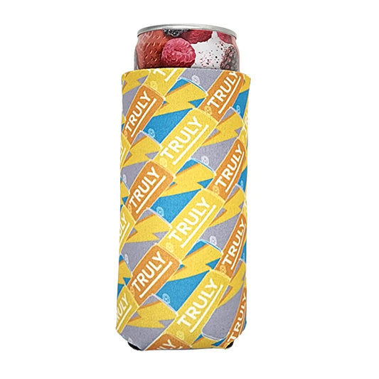 A light gray slim can cooler with a yellow, blue, and gray pattern of repeating "TRULY" logos and lightning bolts, holding a Truly Hard Seltzer can with a berry design at the top.