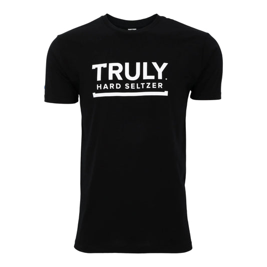 A black short-sleeve t-shirt featuring "TRULY" in bold white letters with "HARD SELTZER" and a horizontal line underneath it on the chest.