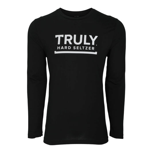 A black long-sleeve shirt featuring "TRULY" in bold white letters with "HARD SELTZER" and a horizontal line underneath it on the chest.