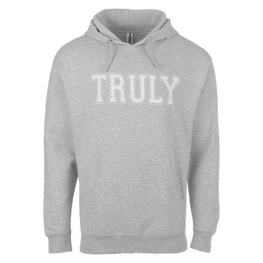 A light gray hooded sweatshirt with "TRULY" printed in a white, collegiate-style font across the chest. It has drawstrings for the hood and a large kangaroo pocket on the front.