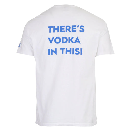 A white short-sleeve t-shirt with the text "THERE'S VODKA IN THIS!" printed in bold blue capital letters across the back.