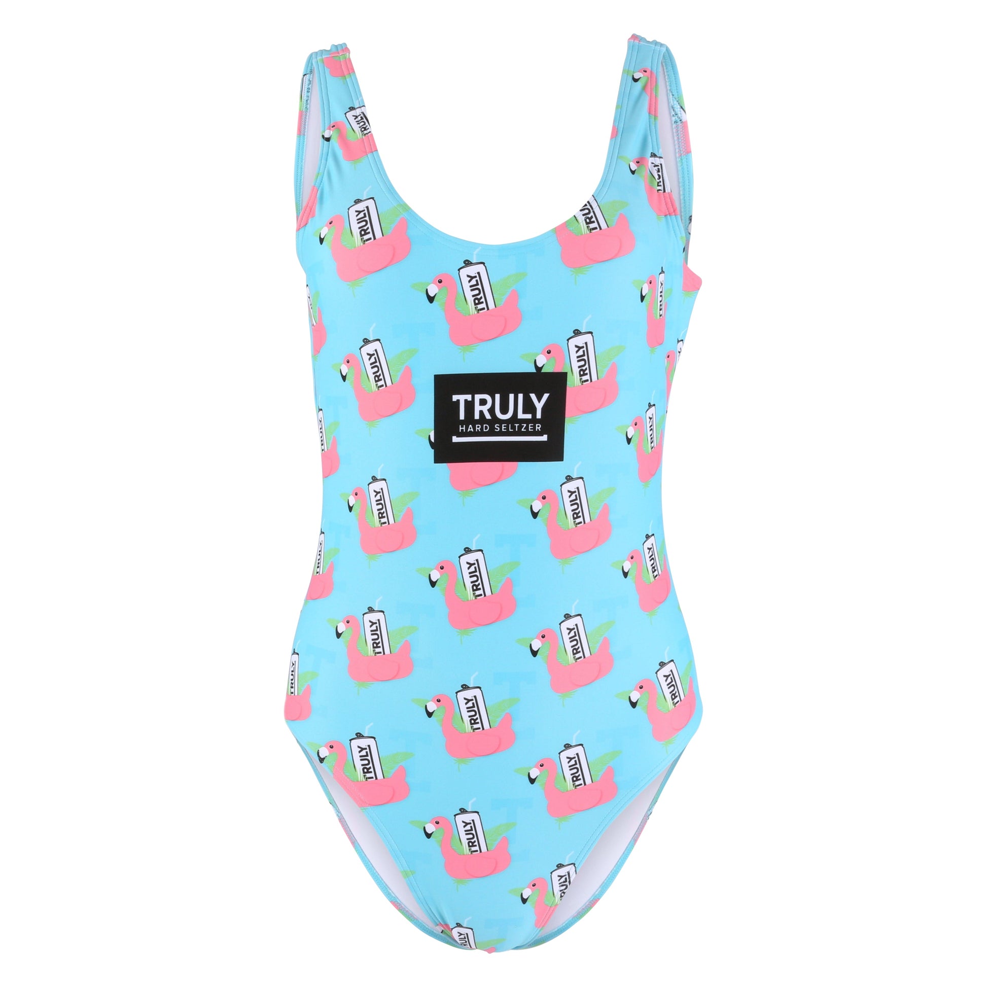 A light blue one-piece swimsuit with a repeating pattern of pink flamingos, each holding a white Truly Hard Seltzer can. A large black patch with "TRULY HARD SELTZER" in white text is centered on the chest.
