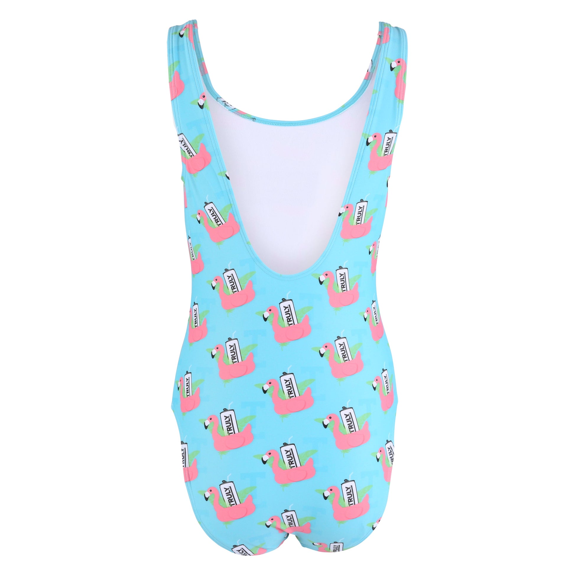 The back of a light blue one-piece swimsuit with a deep scoop back and a repeating pattern of pink flamingos, each holding a white Truly Hard Seltzer can.