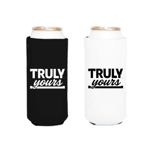 Two slim can coolers standing upright, each holding a beverage can. The cooler on the left is black with 'TRULY yours' printed in white text. The cooler on the right is white with 'TRULY yours' printed in black text. Both have a thin line underneath the word 'yours'.