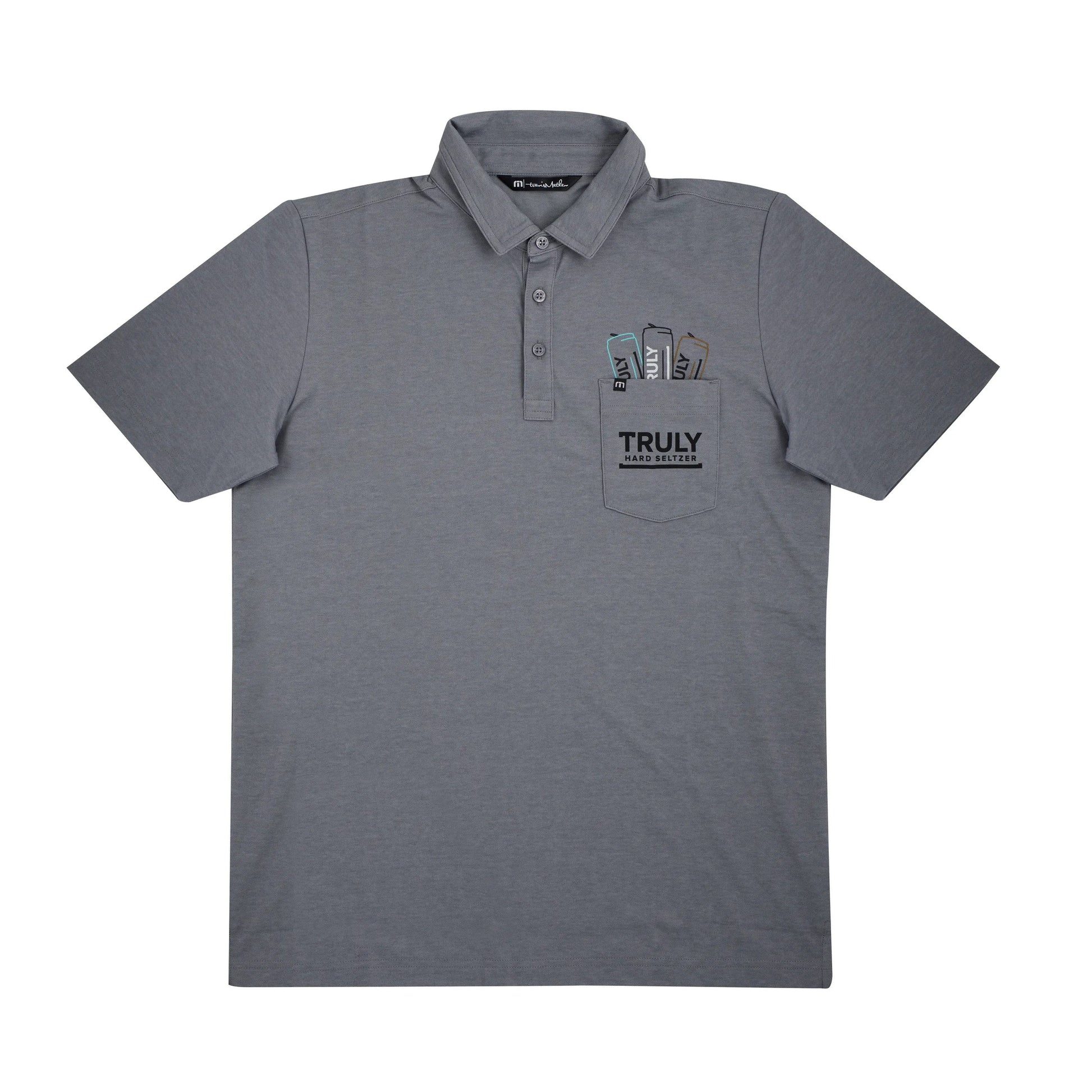 A flat lay of a grey short-sleeved polo shirt with a black collar and two buttons. The shirt has a pocket on the left chest with three partially visible slim cans embroidered inside, each labeled 'TRULY'. Below the cans, the pocket is printed with the word 'TRULY' in large black letters and 'HARD SELTZER' in smaller black letters.