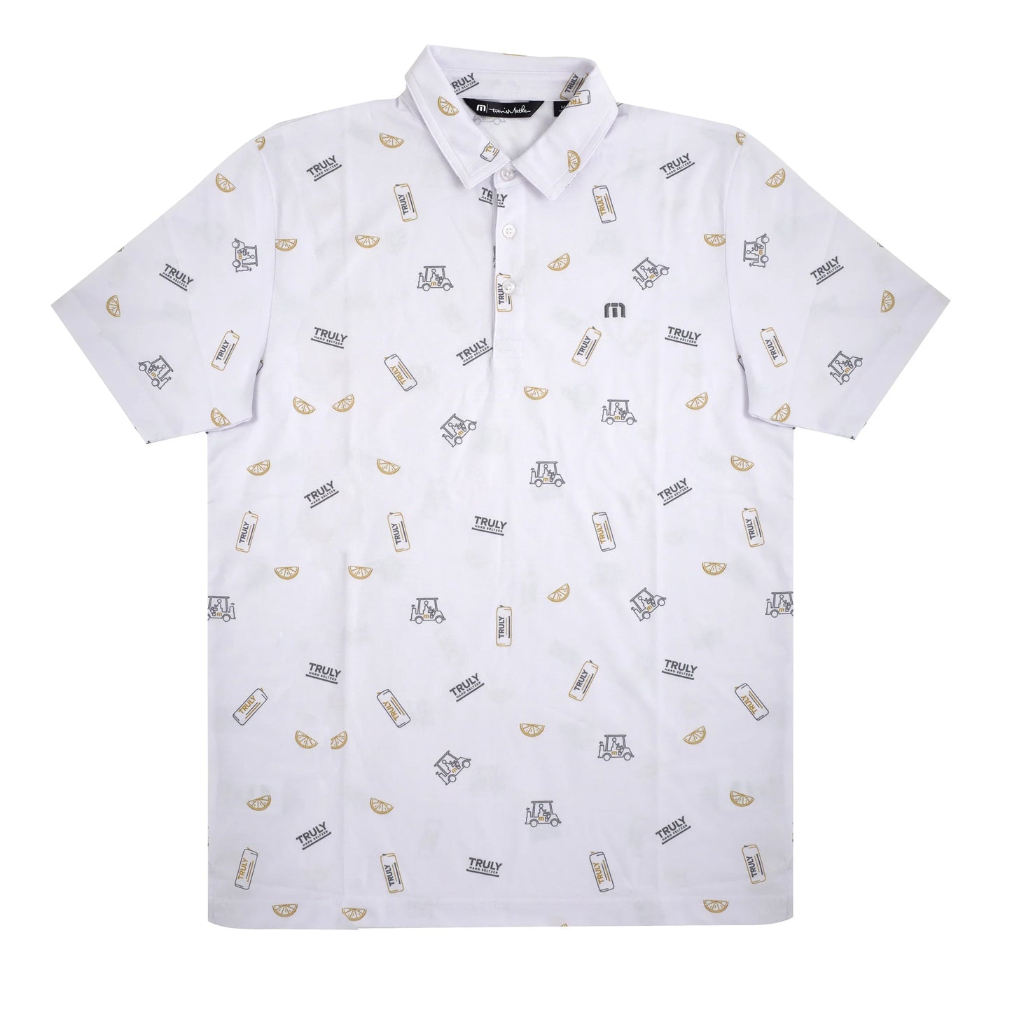 A white short-sleeved polo shirt with a repeating pattern. The pattern consists of small illustrations of Truly Hard Seltzer cans labeled 'TRULY', citrus fruit slices, and a small stylized 'M' logo, scattered across the shirt.