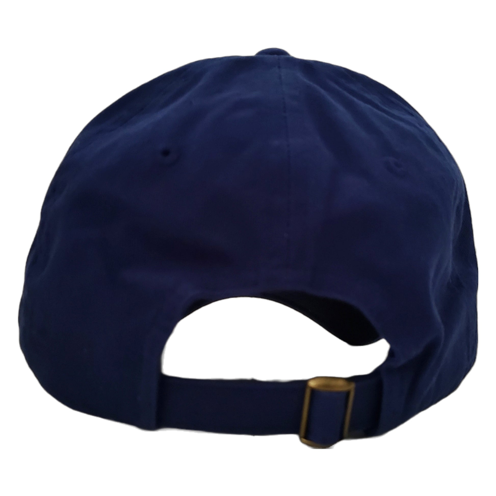 A dark blue baseball cap viewed from the back. It features an adjustable strap with a brass-colored buckle closure at the bottom.