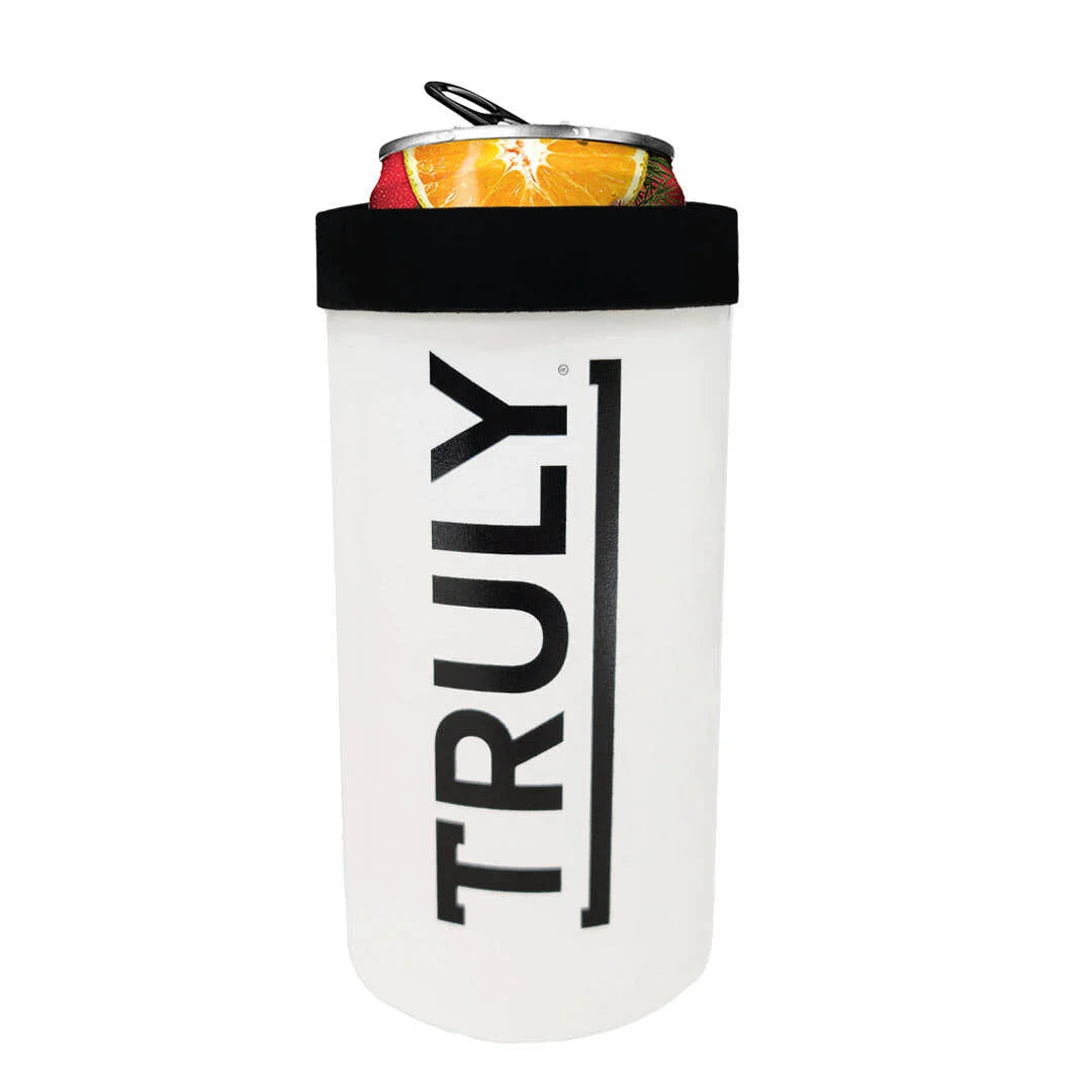 A white slim can insulator with a black rim, holding a beverage can. The word 'TRULY' is printed vertically in large black letters on the front of the insulator. The can inside has an orange-colored top, suggesting a citrus-flavored drink.