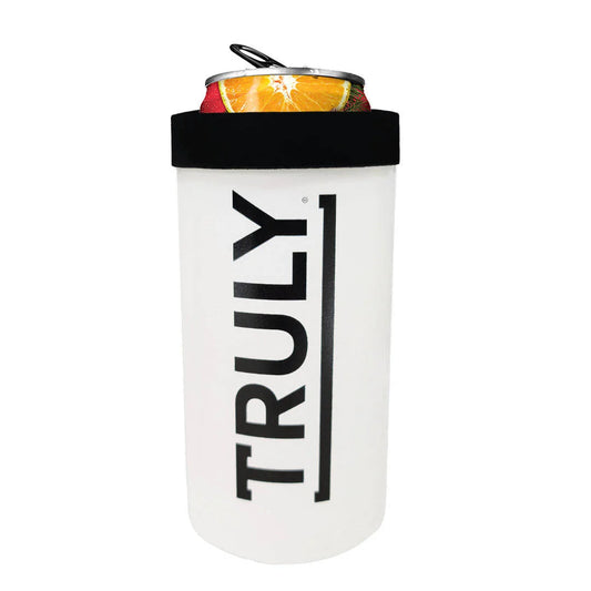 A white slim can insulator with a black rim, holding a beverage can. The word 'TRULY' is printed vertically in large black letters on the front of the insulator. The can inside has an orange-colored top, suggesting a citrus-flavored drink.