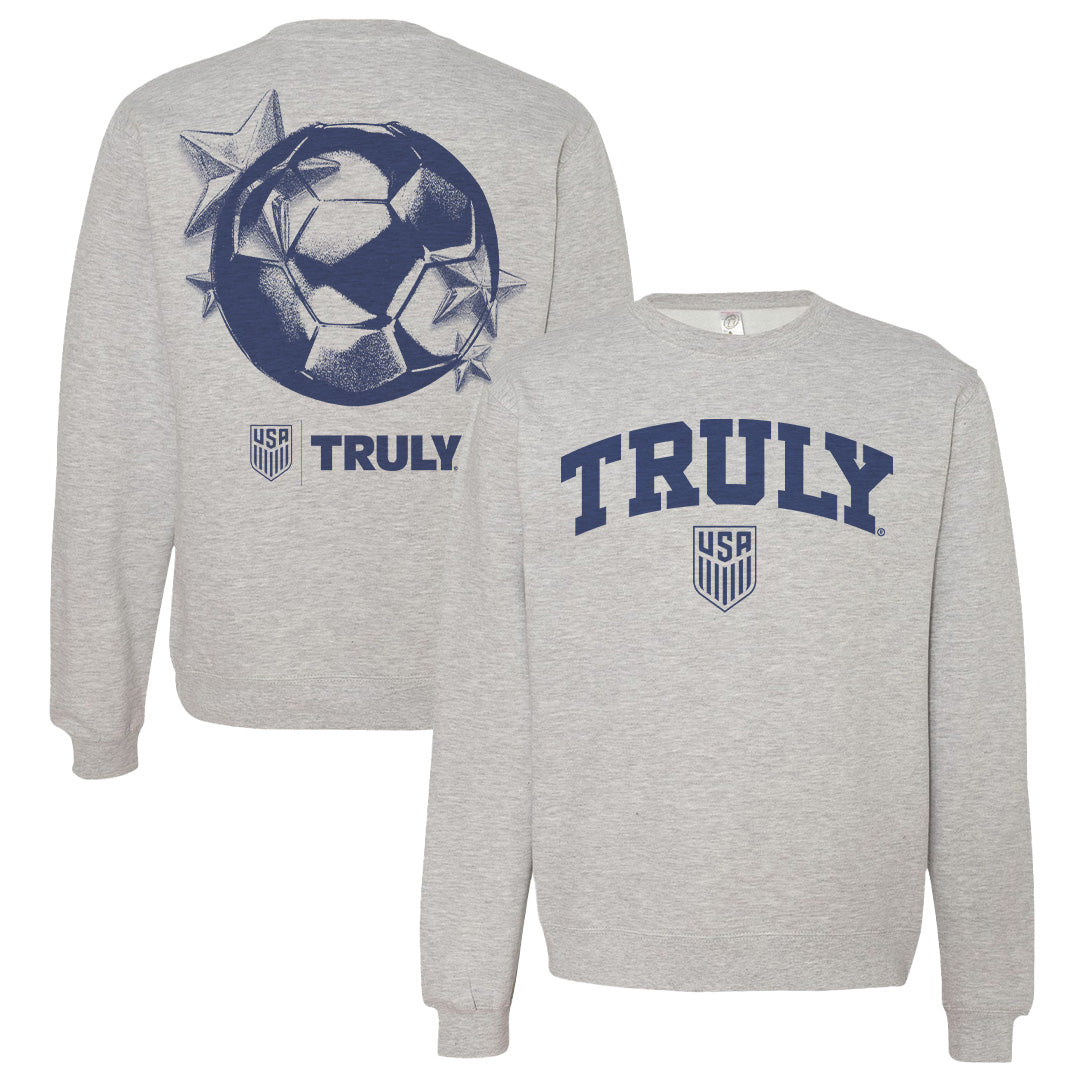 Grey college styled crewneck reading "Truly" and a USA soccer logo on the front in navy. Backside features a large soccer ball / 3d stars graphic, and a USA Soccer and Truly logo beneath the design 