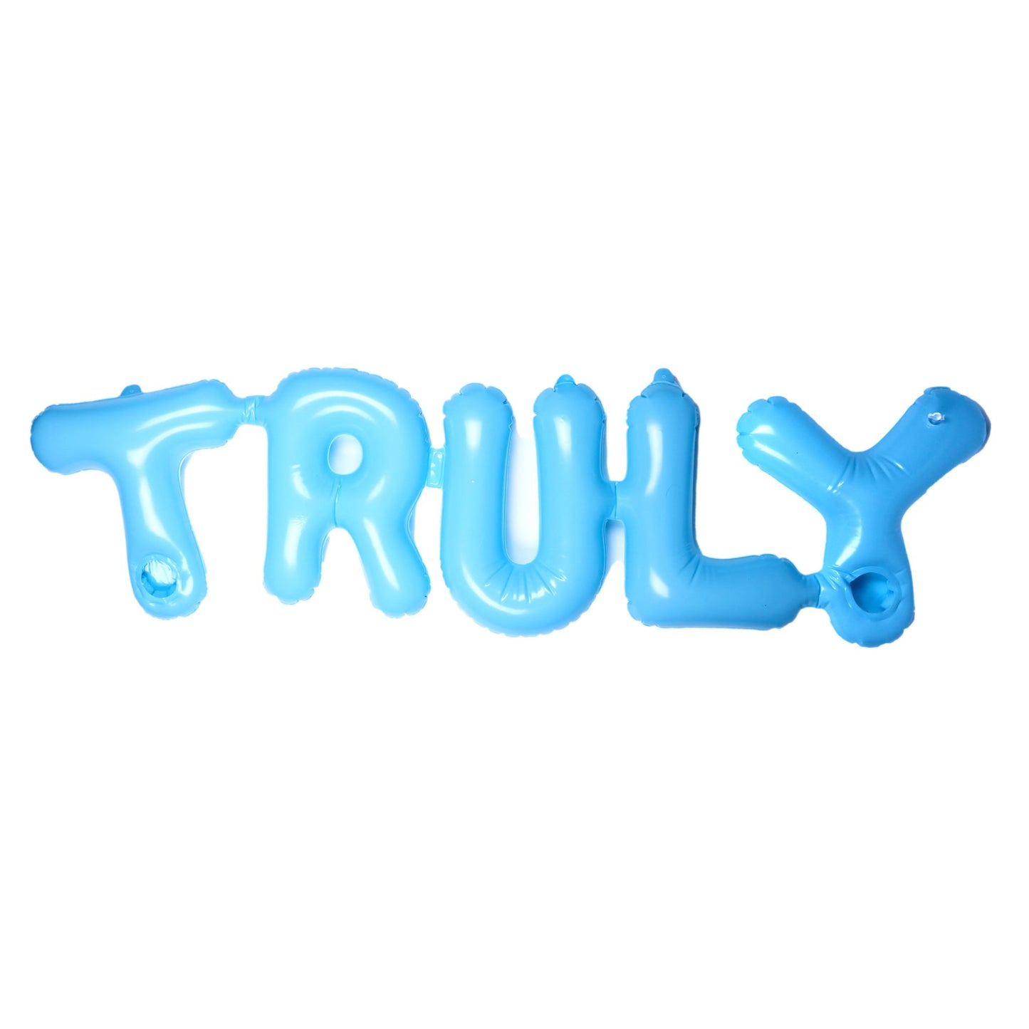 A light blue inflatable pool float spelling out the word "TRULY," with two circular cup holders integrated into the design.