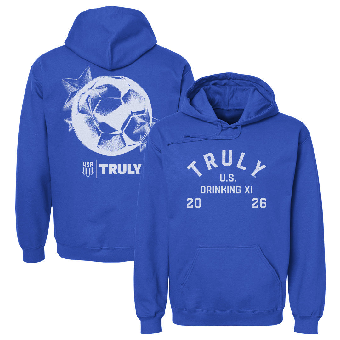 Blue hoodie with white text that reads "Truly U.S. Drinking XI 20 26 on the front, and has a large white printed soccer ball, 3d stars graphic on the back, and a U.S. Soccer and Truly logo