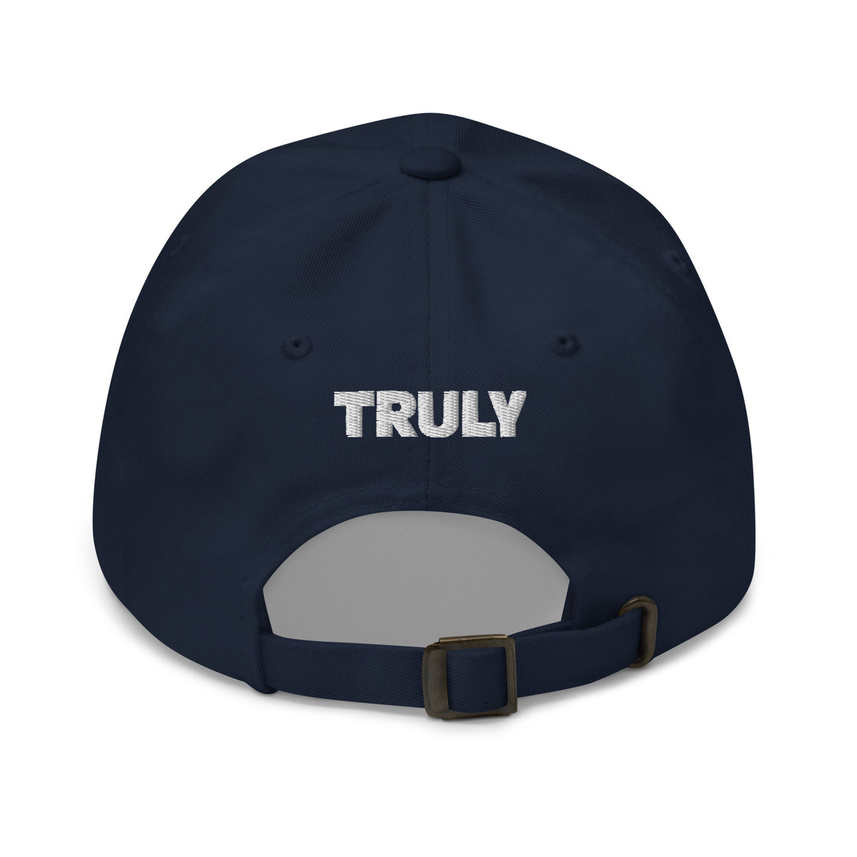 Navy blue cap with 'truly' text on a white background