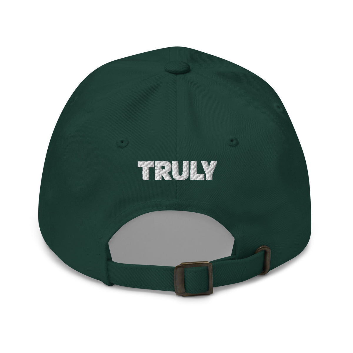 Green cap with a logo on the back against a white background