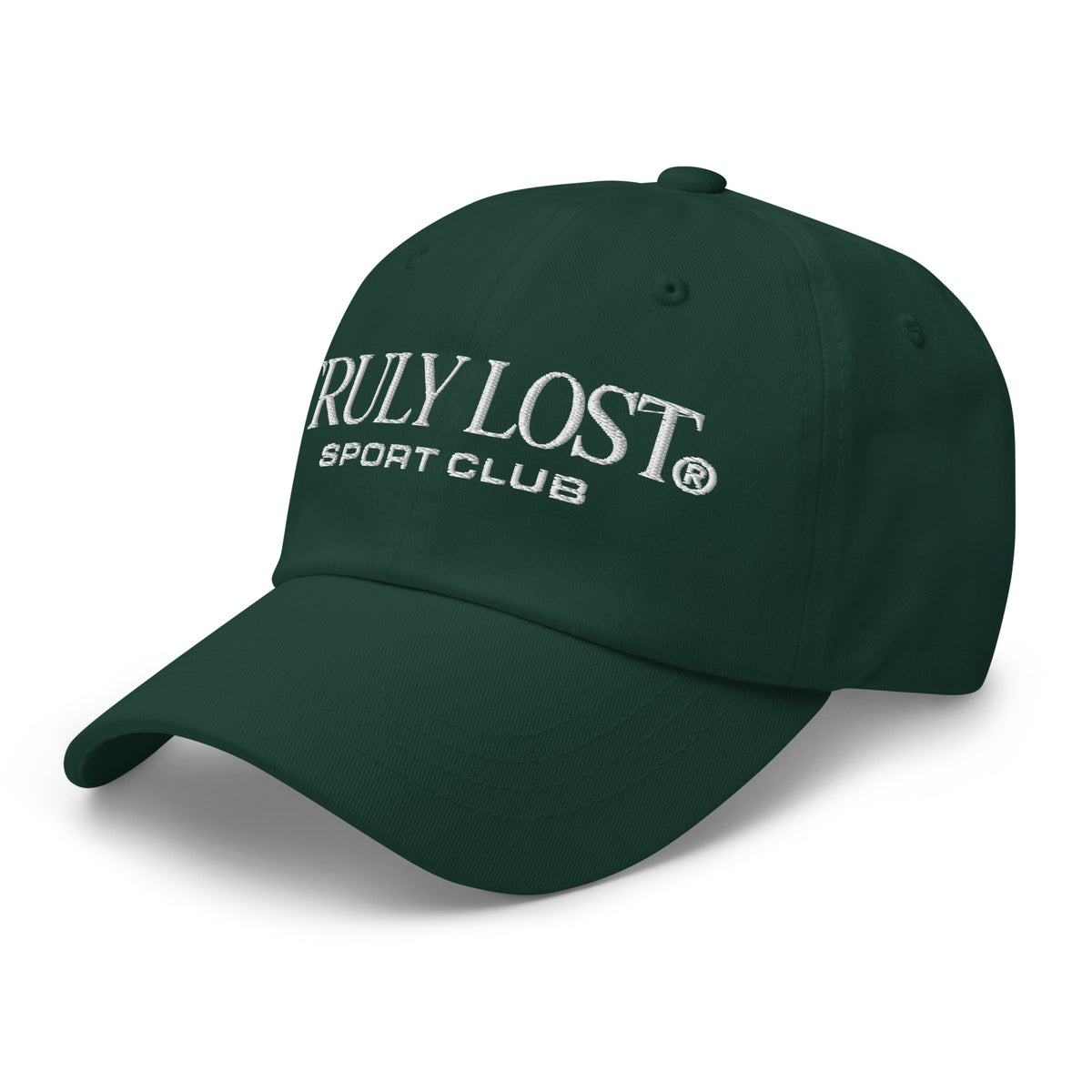 Hunter green cap with 'TRULY LOST' text on a white background
