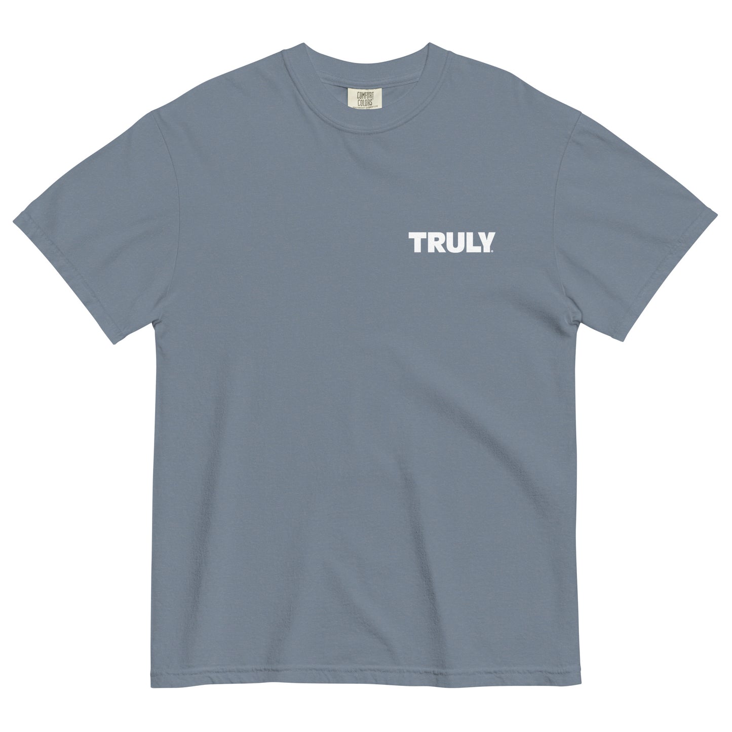 Grey comfort colors tee shirt with a white Truly logo on the left chest