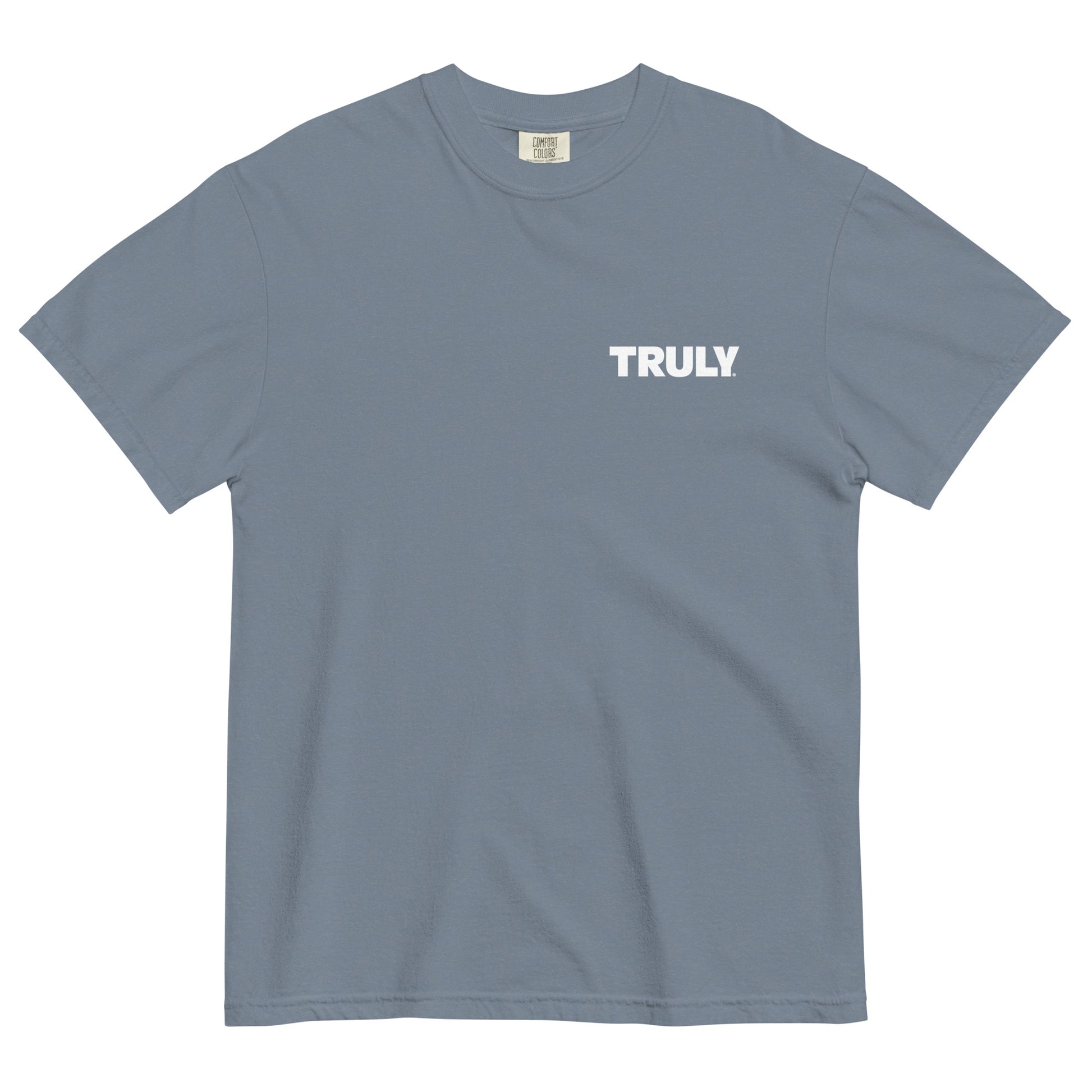 Grey comfort colors tee shirt with a white Truly logo on the left chest