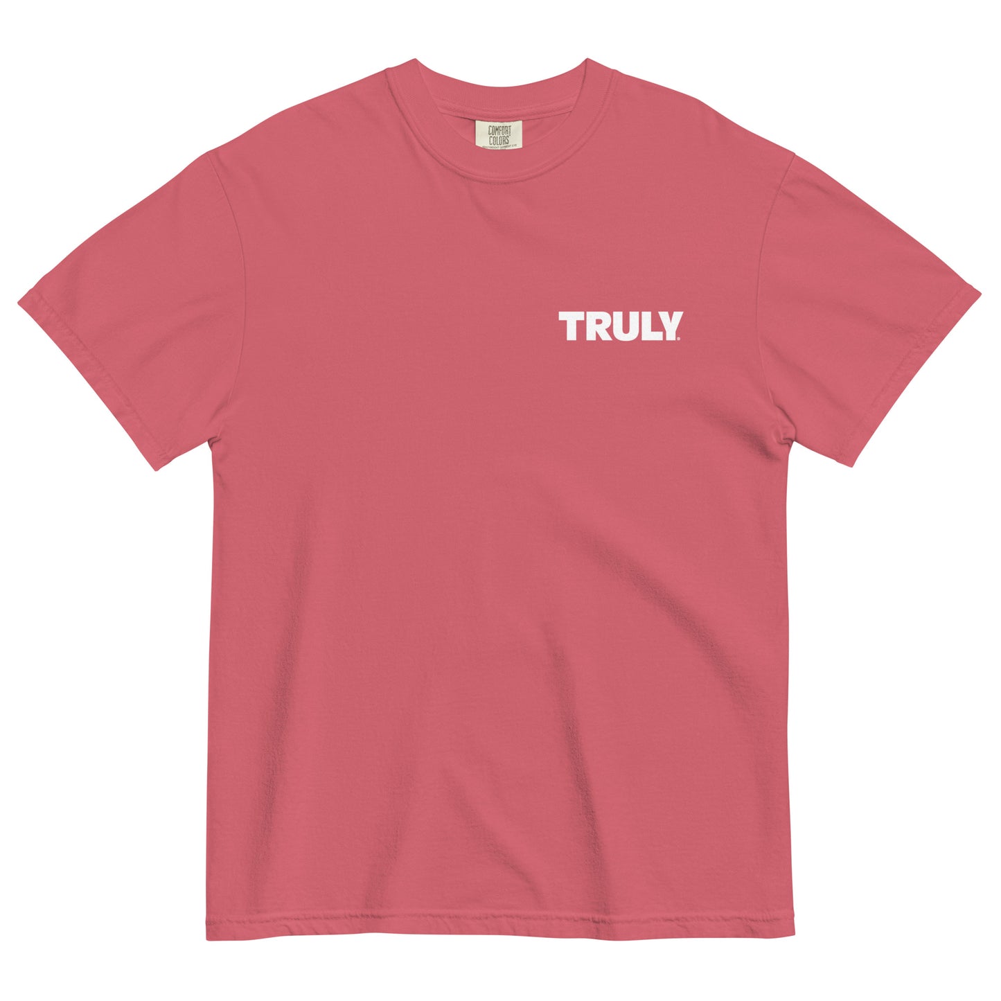 Coral comfort colors tee shirt with a white Truly logo on the left chest